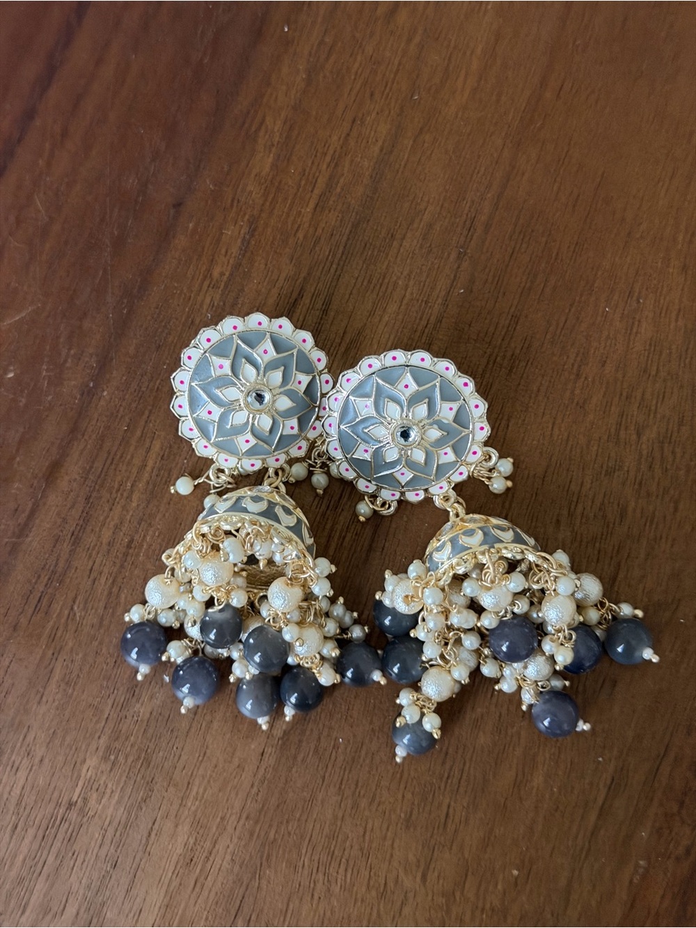 Gold-Tone White and Gray Jhumka Earrings with Pearl Beads